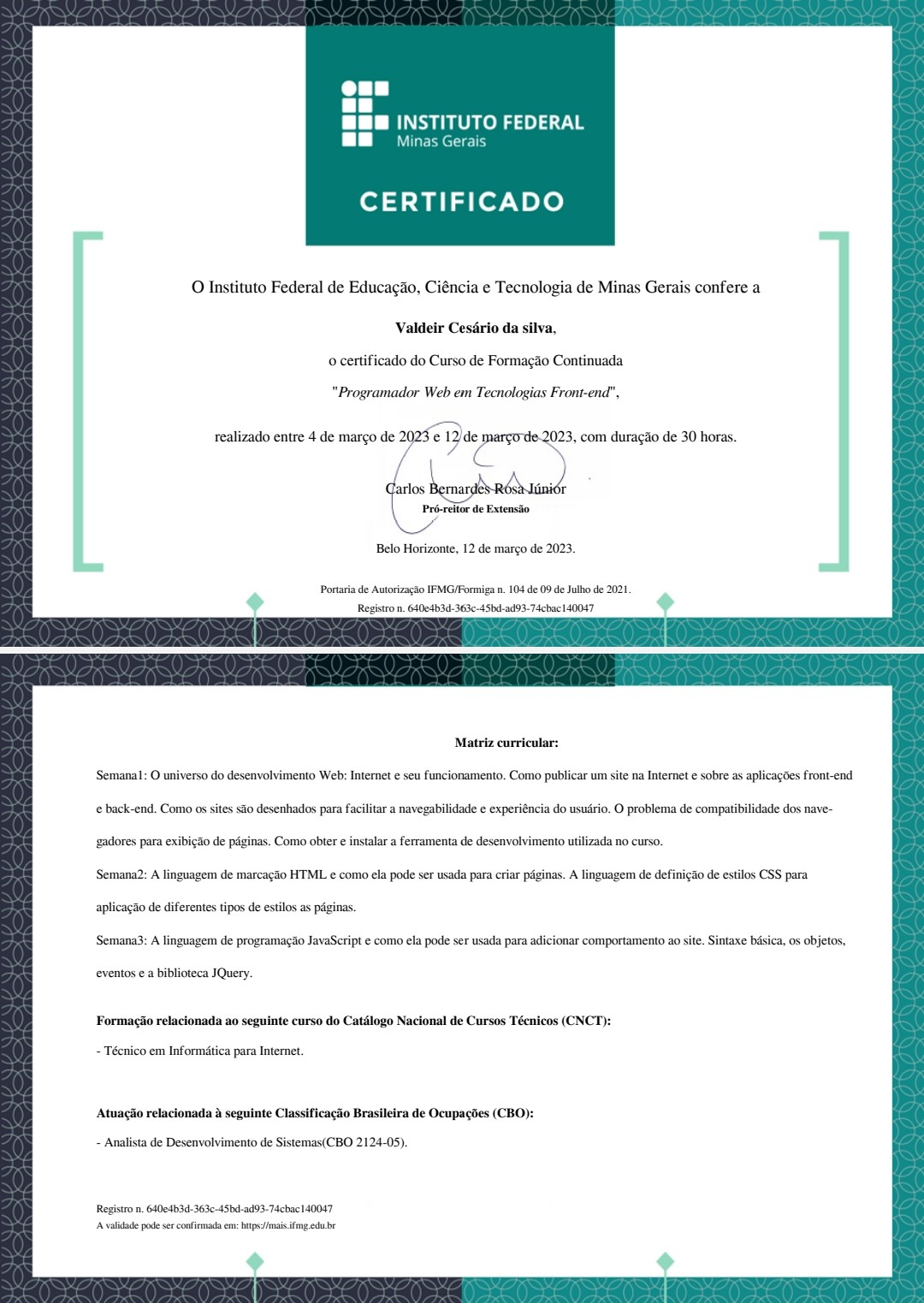 Certificado do curso de Programador Web